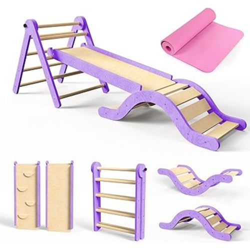 Pikler Triangle Set 7in1 Toddler Climbing Toys Indoor Foldable Baby Climbing Toys Wooden Montessori Climbing Set with Arch, Ramp, Ladder for 1-3 Years, Jungle Gym for Kids (Natural)