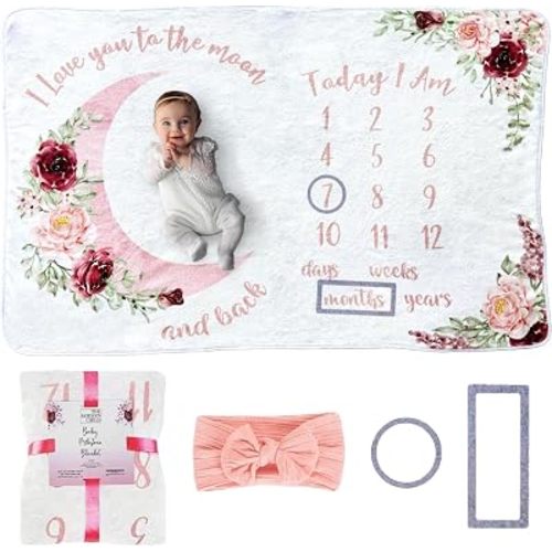 Baby Milestone Blanket - Monthly Milestone Blanket for Baby Girl - Custom Soft Fleece Photography Background - Personalized Newborn Growth Chart -Premium Floral Moon 60" X 40"