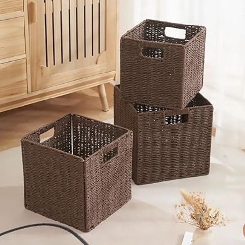 3Pcs Woven Shelf Baskets, 10.5'' Paper Rope Handmade Open Storage Bins, Dark Brown Pantry Baskets Organization Basket Foldable Storage Bins for Bedroom, Cubby Cubes Wicker Basket with Handles