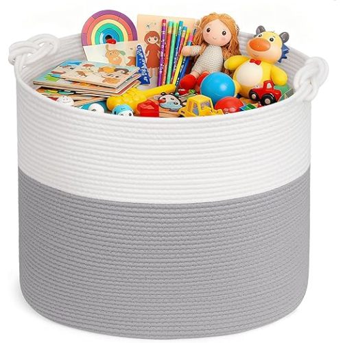 Goodpick 17"x16" Toy Storage for Kids, Home Décor Living Room, Baby Basket for Nursery Playroom, Soft Woven Cotton Rope Baskets for Blankets Pillows Clothes, Grey