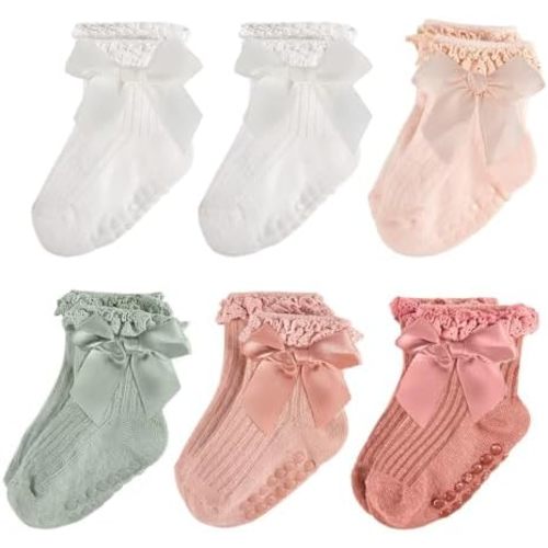 Baby Girl Non Slip Grip Socks with Bows Soft Cotton Toddler Girl Socks with Full Sole Grips Newborn Infant Toddler