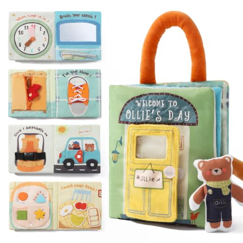 let's make Busy Book for Toddler 1-3, Quiet Activity Book with Movable Bear | Bear Daily Routine Play, Numbers & Shapes Matching, Zippers & Buckles, Fine Motor Skills, Travel Toy, 1 Year Old Gift