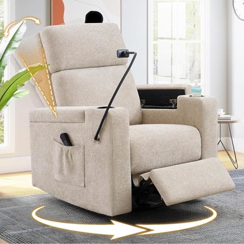 ABCASA Power Recliner Rocking Chair Nursery Glider, Swivel Reclining Nursery Rockers for Baby Room & Living Room, Chenille Chair with Phone Holder, USB/Type-C Ports, Arm Storage, Light Brown