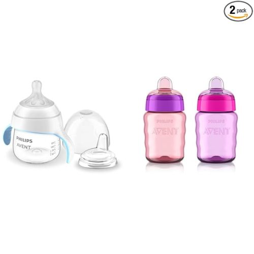 Philips Avent Sippy Cup Bundle with Natural Trainer Cup with Natural Response Nipple, 5 Ounce, 1 Pack + My Easy Sippy Cup, 9 Ounce, 2 Pack, Pink/Purple
