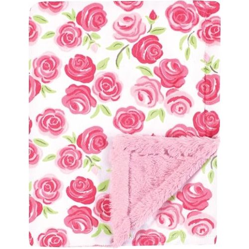 Hudson Baby Unisex Baby Plush Blanket with Furry Binding and Back, Pink Roses, One Size