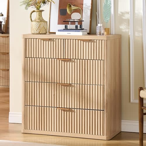 LEYAOYAO Fluted 5 Drawers Dresser for Bedroom, 34" Tall Modern Chest of Drawers with Metal Handle, Curved Profile Design,Natural Wood Drawer Organizer for Bedroom, Living Room, Hallway, Entryway