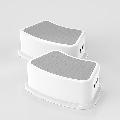 Step Stool for Kids (2 Pack) – Toddler Potty Training Stool with Non-Slip Grip, Lightweight Step Up Stool for Bathroom, Kitchen, Bedroom, Toy Room & Living Room (Gray White)