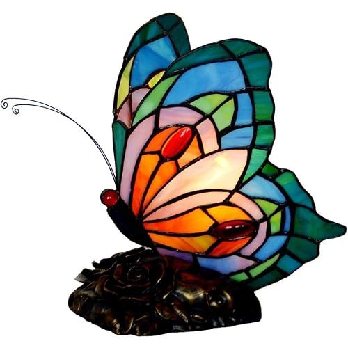 Bieye L10040 Butterfly Tiffany Style Stained Glass Accent Table Lamp, Night Light (Multi-Colored C)