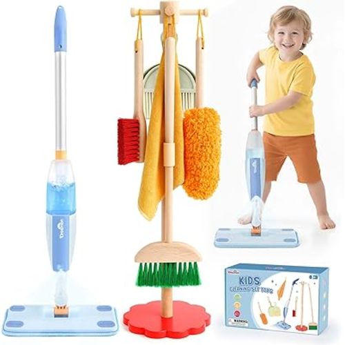 Dreamon Wooden Toddler Cleaning Set - 10Pcs Kids Cleaning Toy Set with Real Working Kids Spray Mop, Montessori Cleaning Toys with Broom and Mop Set for Toddlers Girls Boys Age 3-6