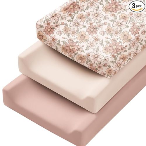 Konssy 3 Pack Stretchy Changing Pad Covers, 32"x16" Changing Table Sheets | Silky Soft & Breathable Fabric, 360° Full Elastic Fit, Floral Printed & Solid Designs, for Baby Girls & Boys (Vintage Petals)