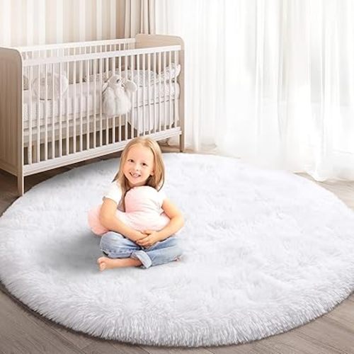 Round Rug for Bedroom, 4x4 Fluffy Soft Circle Area Rugs for Kids Girls Nursery Room, Washable Plush Shaggy Indoor Floor Bedside Living Room Circular Carpet, Home Decor Aesthetic, White