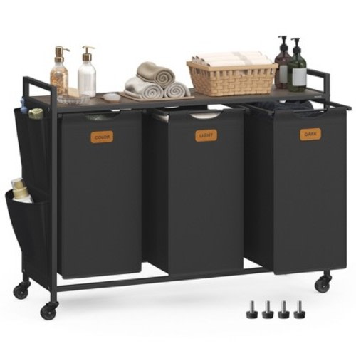 VASAGLE Laundry Hamper, Rolling Cart with Shelves, Small Side Pockets, 6 Labels, 3 Compartments, 39.6 Gal. , Ink Black and Ash Brown