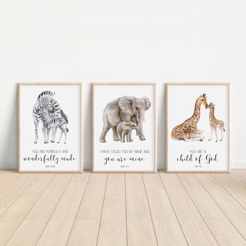 Christian Nursery Decor, Kids Bible Verse Wall Art, Watercolor Animals, Scripture Print, Sunday School Church, Safari Jungle, Mother Baby