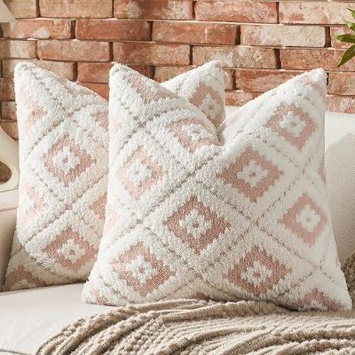 AmHoo Pack of 2 Decorative Throw Pillow Covers Rhomboid Luxury Super Soft Plush Set Case Cushion for Couch Sofa Bedroom 20 x 20-Inch Pearl Blush