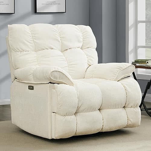 Oversized Rocker Recliner Chair,Power Swivel Recliner for Living Room,Overstuffed Extra Wide Rocking Recliners with Breathable Soft Fabric,Up to 350lbs (Power, White)