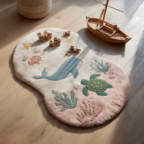 Ocean Theme Kids Rug | Sea Animal Nursery Carpet | Whale Turtle Play Mat | Handmade Tufted Wool Rug | Coastal Baby Room Decor | Montessori