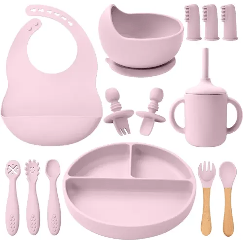 LITTLE RAWR Silicone Baby Feeding Set 14 Pcs,Baby Led Weaning Supplies, Baby Spoons Suction Bowl Divided Plate Bib Cup Finger Brush,First Stage Solid Food Eating Utensils - 6+ Months(Light Pink)