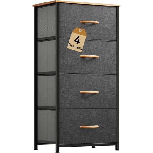 DWVO 4 Drawers Dresser, Small Dresser for Bedroom, Fabric Storage Tower, Chest of Drawers, Organizer Unit for Closets, Living Room, Sturdy Steel Frame, Wooden Top, Easy Pull Handle