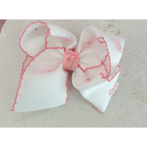 White with Light Pink Beaded Bow 5.5"