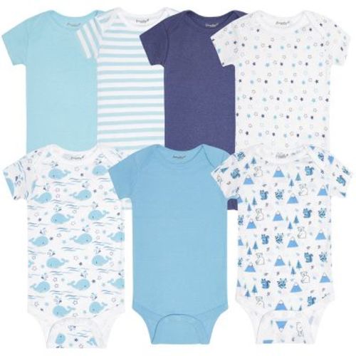Everyday Kids 7-Pack Blue Short Sleeve Baby Boys Bodysuits – 100% Soft Cotton with Cute Whales, Bears, Stars and Solid Colors
