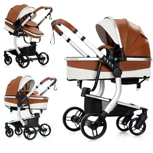 PU Leather 2 in 1 Baby Stroller Reversible Portable Standard Baby Stroller Convertible Pushchair Infant Buggy Baby Carriage Foldable High Landscape Pram Toddler Newborn (2US518-Khaki)