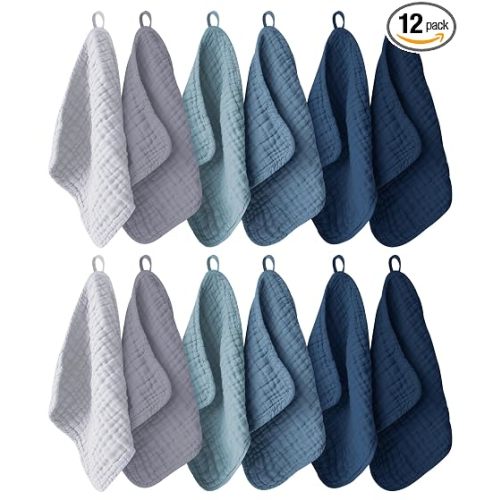 Ease Cubs 12 Pack Muslin Washcloths for Baby - 100% Cotton Baby Wash Cloths for or Baby Face Body Comfy and Soft for Newborn Infants Kids Girls and Boys - 12"x12" - Slate, Grey and Navy Series