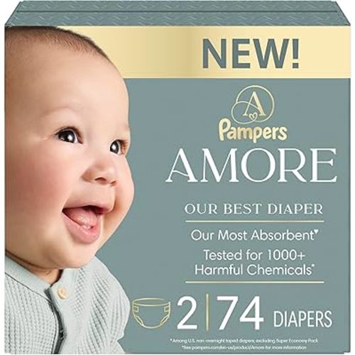 Pampers Amore, Size 2 (10-22 lbs), 74 Count, Our Best Diaper – Hypoallergenic & Fragrance Free, Up to 100% Leakproof, Soft as Cashmere