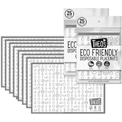 THEO'S 50 Pack Stick on Disposable Table Mats for Kids & Baby Led Weaning | Large 12" x 18" Restaurant Placemats in Re-usable Travel Pouch