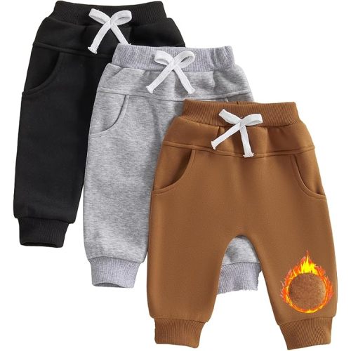 Yoawdats Baby Boys' 3-Pack Pull-on Jogger Pants Knit Pants Classic Fit Elastic Waist Kids Toddler Pants Multipacks Long Pants