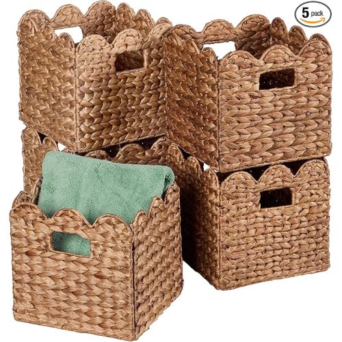 Best Choice Products 12 x 12in Scalloped Hyacinth Baskets, Rustic Set Of 5 Multipurpose Collapsible Storage Organizer, Handwoven Laundry Totes for Bedroom, Living Room, Shelves – Chestnut