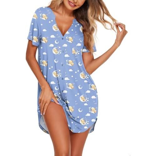 Ekouaer - Camisón abotonado con cuello en V para mujer