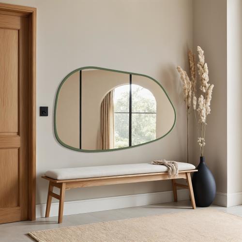 Handcrafted Olive Green Mirror – Sculptural Wall Piece for Japandi Entryways