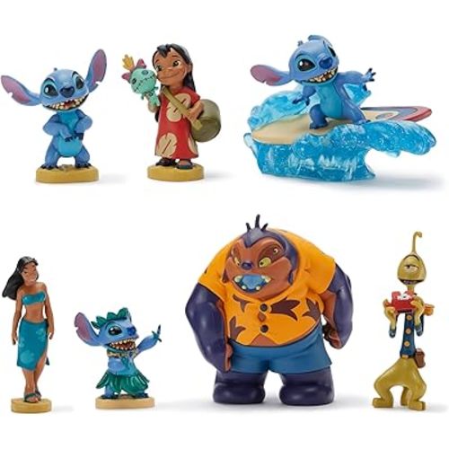 DISNEY STORE Official Lilo & Stitch Figure Set – 7 Fully Sculpted Disney Figures Including Lilo, Stitch, Nani & More in Double-Tiered Box with Scenic Backgrounds