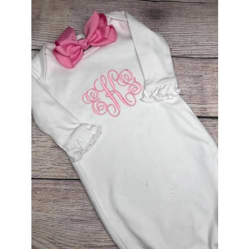 Monogram Baby Girl gown set, Infant gown bib burp cloth set, baby gown, personalized burp cloth, bib, ruffle gown, going home gown, day gown