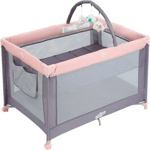 Pamo Babe Portable Playard with Mat Pad and Toy Bar Pink Play Yard for Baby