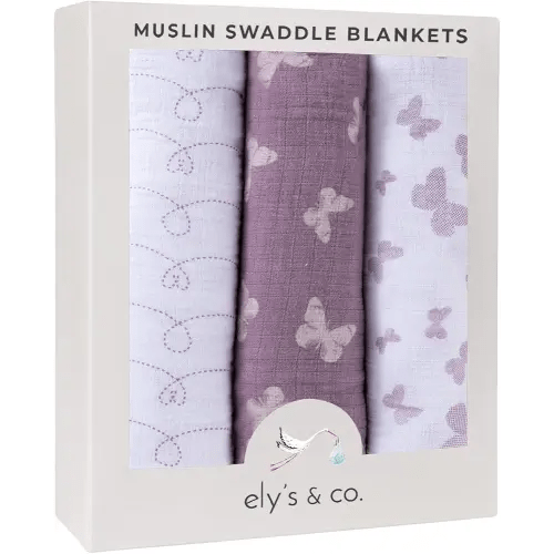Ely's & Co. Muslin Swaddle Blankets for Baby Girls – 3 Pack, 47" x 47" Lavender Butterfly Design, 100% Soft Muslin Cotton