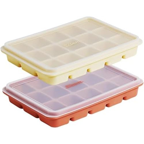 Set of 2 Silicone Ice Cube Freezer Tray 15 Mold with Lid, Removable Silicone Lid Easy to Open &Dishwasher Safe, Reusable Freezer tray for Baby Food, Breast Milk, Purees
