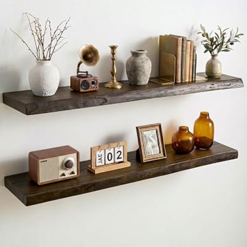 Dreamland 36 Inch Long Floating Shelves Set of 2, Rustic Solid Elm Wood Live Edge Floating Shelf Wall Mounted, 8 Inch Deep Wooden Wall Shelves for Living Room, Bedroom, Bathroom, Kitchen, Walnut