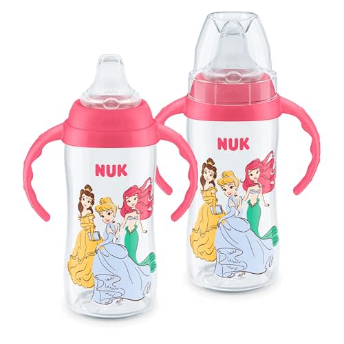 NUK First Choice Disney Princess Large Learner Cup 2.0, 10 oz. Sippy Cup with Handles, Spill Proof, Leak Proof Soft Straw Cup, 2 pack