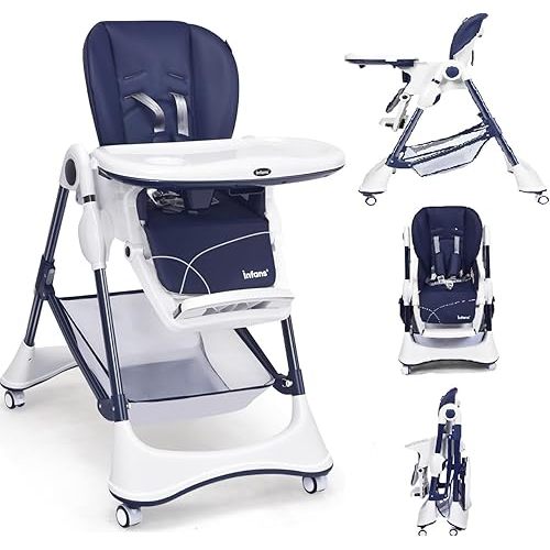 INFANS High Chair with One-Hand Removable Tray, 4 Lockable Wheels & Large Storage Basket - Multi-Adjustable Height, Recline & Footrest, Removable Cushion, Foldable for Baby, Infant& Toddler (Navy)