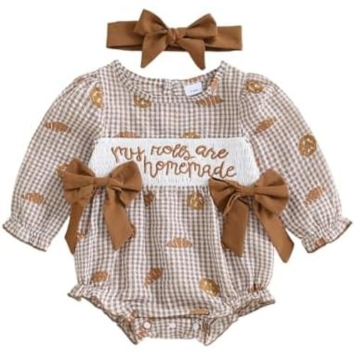 Thanksgiving Baby Girl Outfit Sweetie Pie Puff Long Sleeve Smocked Romper Cake Print Doll Collar Bodysuit Headband