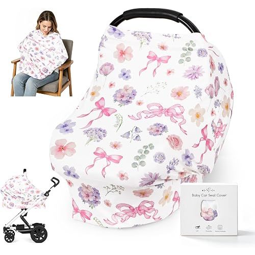 Pea Pod Baby Car Seat Cover, Multi-Use Carseat Covers for Baby Girl, Stretchy Soft Infant Car Seat Cover, Carseat Canopy for Privacy Nursing, Lightweight Summer Stroller Cover Sun Protector, Floral