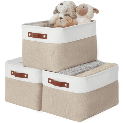 DECOMOMO Durable Large Storage Baskets, Fabric Storage Bins with Faux Leather Handles (Beige and White, Set of 3)