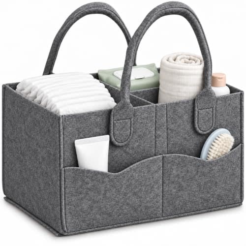 PandaEar Diaper Caddy Organizer, Portable Baby Basket, Divided, Gray | Oxford fabric, foldable design, 5 exterior pockets, 3 interior compartments, sturdy handles, fits nurseries and cars