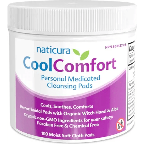 CoolComfort Personal Cleansing Pads with Organic Witch Hazel and Aloe Vera - All Natural and Fast Acting Wipes for Hemorrhoid Burning, Itching, Pain and Swelling - 100 Pads - No Parabens - Made in USA