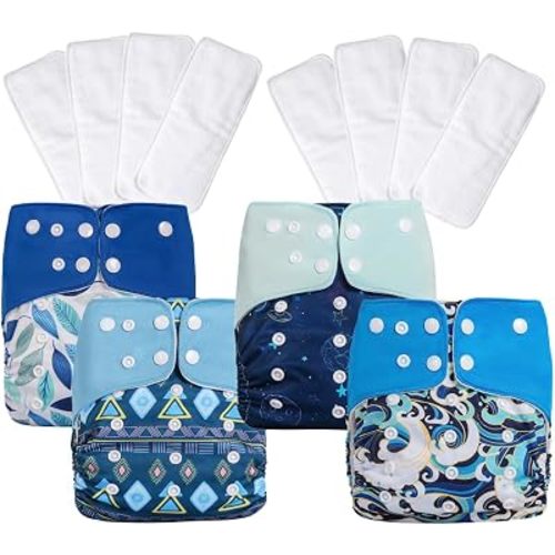 AIO Baby Cloth Diaper 4Pack with 8 Inserts Adjustable Waist Circumference Reusable for Baby Boys and Girls(0-3 Years),One Size Cloth Diaper Covers Cartoon Pattern Four