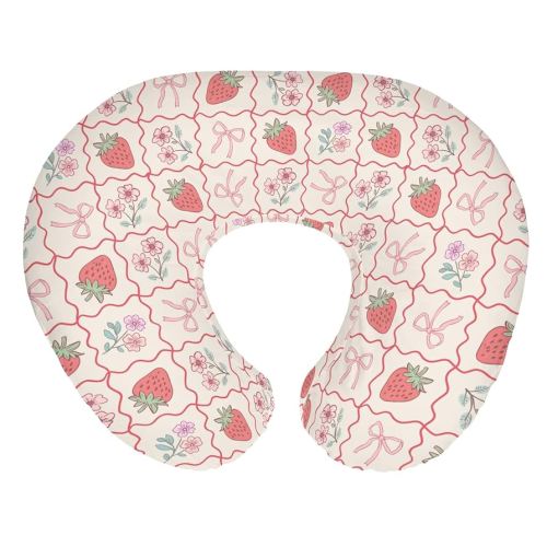 Boho Strawberry Flowers Baby Nursing Pillow Covers for Girl Strawberries Pink Bows Checkerboard Nursing Slipcovers for Breastfeeding Pillows Summer Fruit Soft Stretchy Cover for Newborn Infant