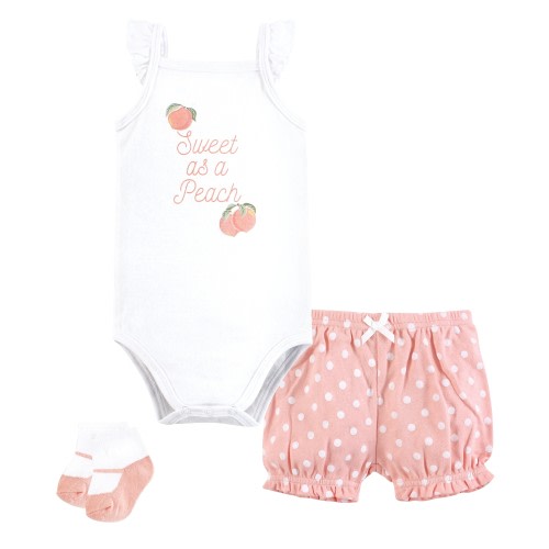 Hudson Baby Infant Girl Bodysuit, Short and Sock, Sweet Peach