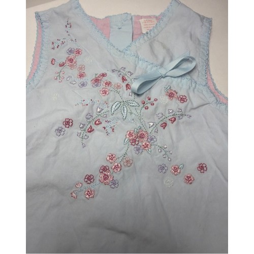 Baby Girl Floral Embroidered Dress Size 3-6 Months Blue Pink Crisp Cotton