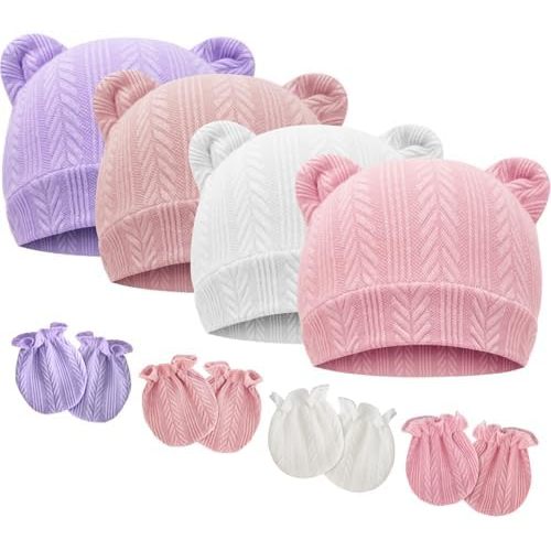 BQUBO Newborn Baby Hats Bear Ears and Mittens Sets Preemie Caps Baby Boy Girl Infant Hospital Beanie for 0-3 Months